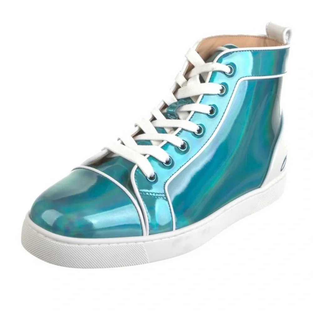 $995 CHRISTIAN LOUBOUTIN Patent Leather Blue Psychic Fun Hi Top Sneakers 41 EU 8 - Picture 2 of 11